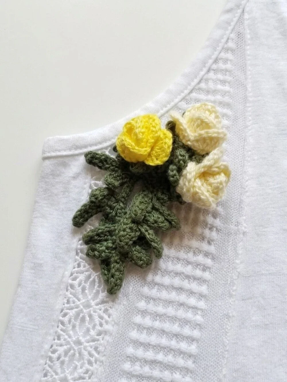 Rose Corsage Brooch Handmade Magnetic Lapel Pin Yellow Cottage Floral Crochet